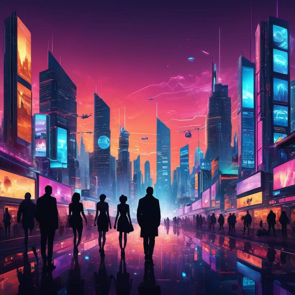 A futuristic city skyline at dusk, symbolizing the digital landscape, overlaid with glowing icons of adult content (like film reels and digital devices). Include diverse silhouettes of people engaging with technology, showcasing openness and exploration. Use contrasting colors to highlight the digital theme and evoke a sense of transformation. super-realistic. cyberpunk. vibrant colors.